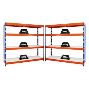 PROREGAL MegaDeal 2x étagère charge lourde RHINO, HxLxP 180x200x60cm, 4 niveaux en mélamine 16mm, Charge du compartiment 500kg, Bleu-Orange - Publicité