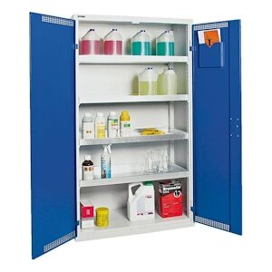 PROREGAL Environnement ventilé et armoire en tissu dangereuse avec 2 portes HxLxP 180x100x50cm, 4 bacs de récupération de 22L chacun, gris/bleu - Publicité