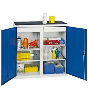 PROREGAL Armoire à outils avec 2 portes   HxLxP 100x100x50cm   2 tiroirs et 4 étagères galvanisées   gris clair/bleu - Publicité