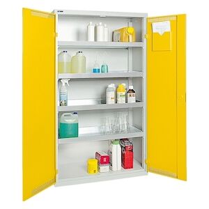 PROREGAL Environnement ventilé et armoire en tissu dangereuse avec 2 portes HxLxP 180x100x50cm, 4 bacs de récupération de 22L chacun, gris/jaune - Publicité