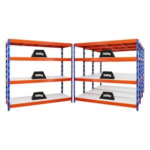 PROREGAL MegaDeal 4x étagère charge lourde RHINO, HxLxP 180x200x60cm, 4 niveaux en mélamine 16mm, Charge du compartiment 500kg, Bleu-Orange - Publicité