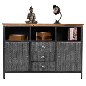 Non communiqué Buffet, meuble de rangement en bois et métal avec 2 portes et 3 tiroirs coloris noir, naturel - Longueur 121,5 x Profondeur 36 x Hauteur 82,5 cm - PEGANE - Noir - Publicité