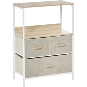 Non communiqué Meuble de rangement commode 3 tiroirs étagère plateau acier blanc MDF bois clair non tissé gris clair Beige - Publicité