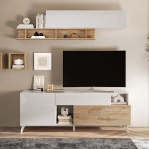 Tousmesmeubles Meuble TV 180 cm Blanc brillant/Chene naturel - PORTOFINO - L 181 x l 42 x H 67 cm