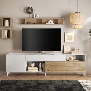 Tousmesmeubles Meuble TV 240 cm Blanc brillant/Chene naturel - PORTOFINO - L 241 x l 42 x H 67 cm