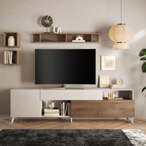 Tousmesmeubles Meuble TV 240 cm Creme/Chene noisette - PORTOFINO - L 241 x l 42 x H 67 cm