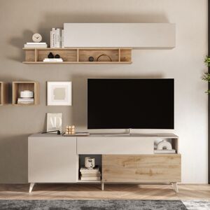 Tousmesmeubles Meuble TV 180 cm Creme/Chene naturel - PORTOFINO - L 181 x l 42 x H 67 cm