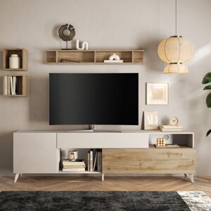 Tousmesmeubles Meuble TV 240 cm Creme/Chene naturel - PORTOFINO - L 241 x l 42 x H 67 cm