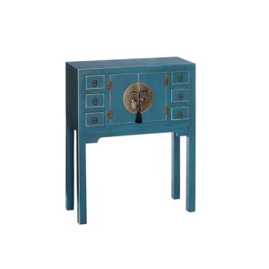 Tousmesmeubles Console 2 portes, 6 tiroirs Bleue Meuble Chinois - PEKIN - L 63 x l 26 x H 80 cm