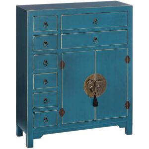 Tousmesmeubles Meuble d'entree 2 portes, 8 tiroirs Bleu Meuble Chinois - PEKIN - L 73 x l 26 x H 90 cm