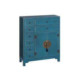 Tousmesmeubles Meuble d'entree 2 portes, 8 tiroirs Bleu Meuble Chinois - PEKIN - L 73 x l 26 x H 90 cm