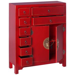 Tousmesmeubles Meuble d'entree 2 portes, 8 tiroirs Rouge Meuble Chinois - PEKIN - L 73 x l 26 x H 90 cm