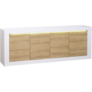 Tousmesmeubles Buffet moderne en bois 4 portes Blanc/Chene clair a LEDs - MARKS