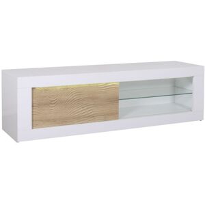 Tousmesmeubles Meuble TV 1 porte coulissante Blanc/Chene clair a LEDs - MARKS - L 170 x l 45 x H 50 cm