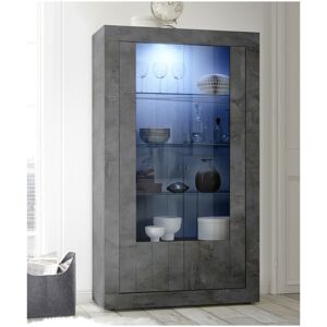 Tousmesmeubles Vitrine 2 portes Béton ciré foncé à LEDs - LUBIO - L 110 x l 42 x H 191 cm