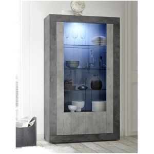 Tousmesmeubles Vitrine 2 portes Beton cire fonce/clair a LEDs - LUBIO n°2 - L 110 x l 42 x H 191 cm