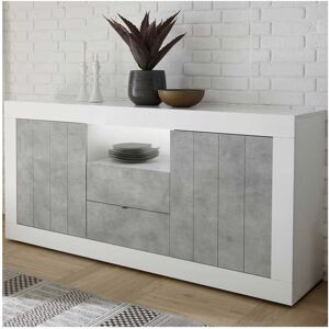 Tousmesmeubles Buffet moderne en bois 2 portes 2 tiroirs Blanc/Beton cire clair - LUBIO