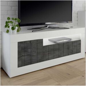 Tousmesmeubles Meuble TV 3 portes Blanc/Beton cire fonce - LUBIO - L 138 x l 42 x H 56 cm