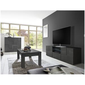 Tousmesmeubles Meuble TV 2 portes 1 tiroir Laque Gris brillant LED's - TICATO - L 181 x l 43 x H 57 cm