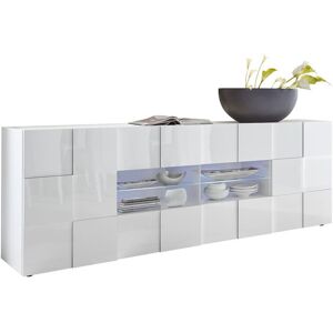 Tousmesmeubles Buffet moderne en bois 2 portes 4 tiroirs blanc laque brillant LED