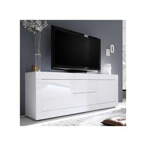 Tousmesmeubles Meuble TV 2 portes 2 tiroirs Blanc laqué brillant - MATERA - L 210 x l 43 x H 66 cm