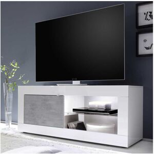 Tousmesmeubles Meuble TV 1 porte 2 niches Blanc/Béton ciré clair à LEDs - MATERA - L 140 x l 43 x H 56 cm