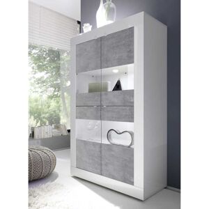 Tousmesmeubles Vitrine 4 portes Blanc/Béton ciré clair à LEDS - MATERA - L 102 x l 43 x H 162 cm