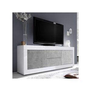 Tousmesmeubles Meuble TV 2 portes 2 tiroirs Blanc/Béton ciré clair - MATERA - L 210 x l 43 x H 66 cm