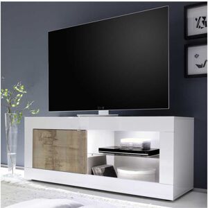 Tousmesmeubles Meuble TV 1 porte 2 niches Blanc/Planches bois à LEDs - MATERA - L 140 x l 43 x H 56 cm