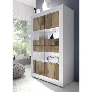 Tousmesmeubles Vitrine 4 portes Blanc/Planches bois à LEDS - MATERA - L 102 x l 43 x H 162 cm