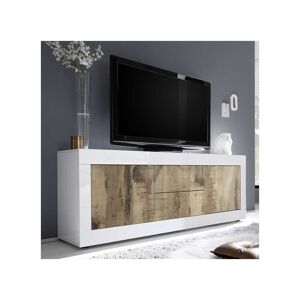 Tousmesmeubles Meuble TV 2 portes 2 tiroirs Blanc/Planches bois - MATERA - L 210 x l 43 x H 66 cm