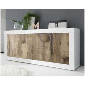 Tousmesmeubles Buffet moderne en bois 4 portes Blanc/Planches bois - MATERA