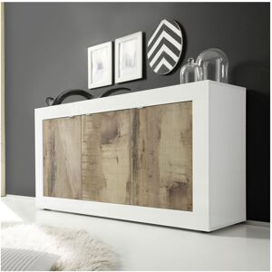 Tousmesmeubles Buffet moderne en bois 3 portes Blanc/Planches bois - MATERA