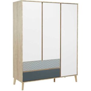 Tousmesmeubles Armoire 3 portes 2 tiroirs Chene blond/Bleu/Blanc - ESMEY - L 153 x l 58 x H 200 cm