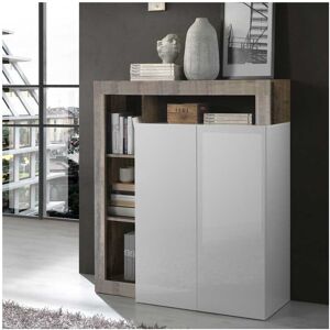 Tousmesmeubles Meuble d'entree 2 portes Blanc laque brillant/Bois fume - ISCHIA - L 108 x l 42 x H 127 cm