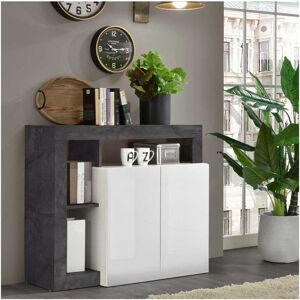 Tousmesmeubles Buffet moderne en bois 2 portes Blanc laque brillant/Beton cire fonce - ISCHIA