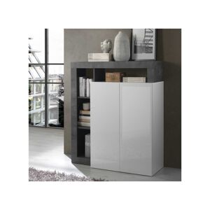 Tousmesmeubles Meuble d'entree 2 portes Blanc laque brillant/Beton cire fonce - ISCHIA - L 108 x l 42 x H 127 cm