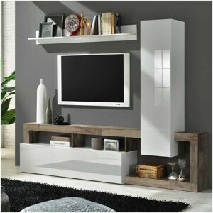 Tousmesmeubles Composition TV 1 colonne Blanc laque brillant/Bois fume - ISCHIA - L 219 x l 35 x H 173 cm