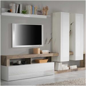 Tousmesmeubles Composition TV 2 colonnes Blanc laque /Bois fume - ISCHIA - L 277 x l 35 x H 173 cm