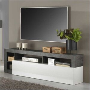 Tousmesmeubles Meuble TV 1 abattant 2 niches Blanc laque brillant/Beton cire fonce - ISCHIA - L 184 x l 42 x H 58 cm