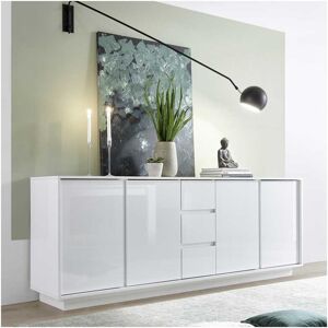 Tousmesmeubles Buffet moderne en bois 4 portes 3 tiroirs Blanc Laque Brillant - BURANO