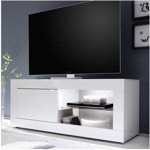 Tousmesmeubles Meuble TV 1 porte 2 niches Blanc laque brillant a LEDs blancs - MATERA - L 140 x l 43 x H 56 cm