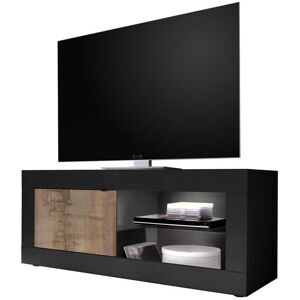 Tousmesmeubles Meuble TV 1 porte 2 niches Noir mat/Bois fume a LEDs - MATERA - L 140 x l 43 x H 56 cm