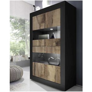 Tousmesmeubles Vitrine 4 portes Noir mat/Bois fume a LEDS - MATERA - L 102 x l 43 x H 162 cm