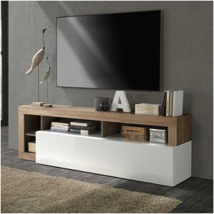 Tousmesmeubles Meuble TV 1 abattant 2 niches Blanc laque brillant/Chene noisette - ISCHIA - L 184 x l 42 x H 58 cm