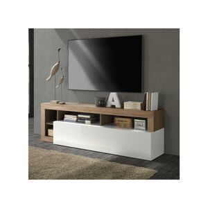 Tousmesmeubles Meuble TV 1 abattant 2 niches Blanc laqué brillant/Chêne noisette - ISCHIA - L 184 x l 42 x H 58 cm