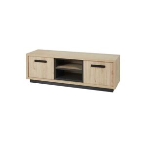 Tousmesmeubles Meuble TV 2 portes 2 niches Bois Clair/Béton ciré - HESTIA - L 168 x l 48 x H 56 cm