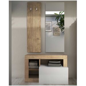 Tousmesmeubles Meuble d'entree vestiaire Chene naturel/Blanc laque - ISCHIA - L 91 x l 35 x H 170 cm