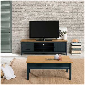 Tousmesmeubles Meuble TV 1 porte 2 tiroirs Bois/Bleu- DARANMI - L 158 x l 40 x H 47 cm