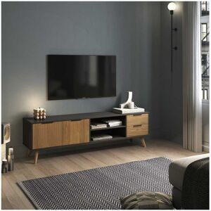 Tousmesmeubles Meuble TV 2 portes 2 niches 2 tiroirs Noir/Bois - PIGMENT - L180 x l40 x H53 cm